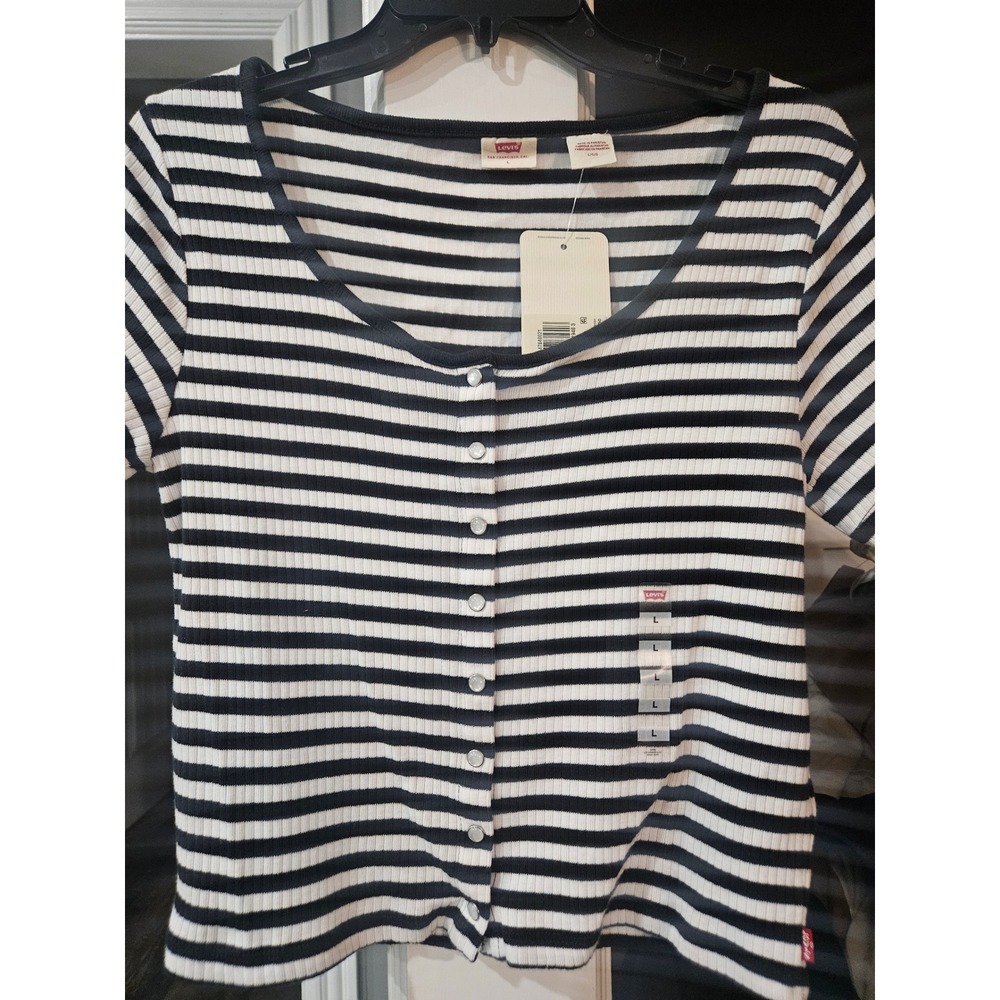 NWT Levis Womens Large Striped Ribbed Button Front Short Sleeve Top Black White